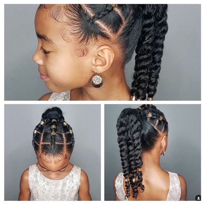 long black hair in three braids, golden elastic bands, cute hairstyles for little girls, grey background