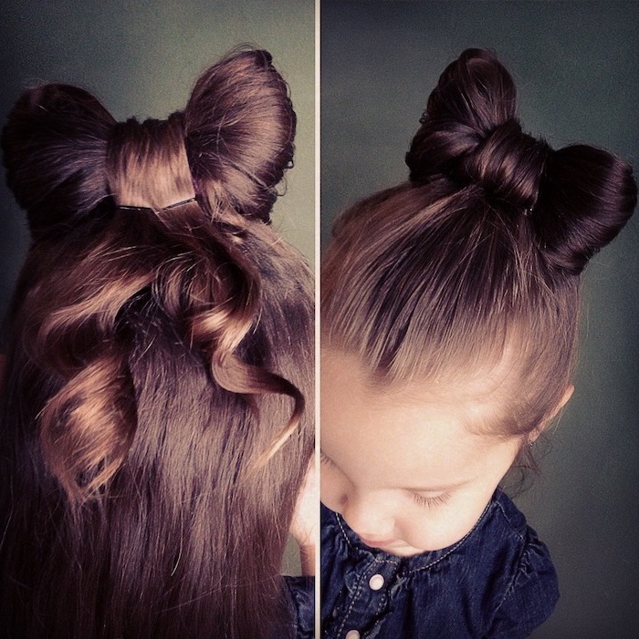 brown hair in bow bun, grey background, cute hairstyles for girls, blue top