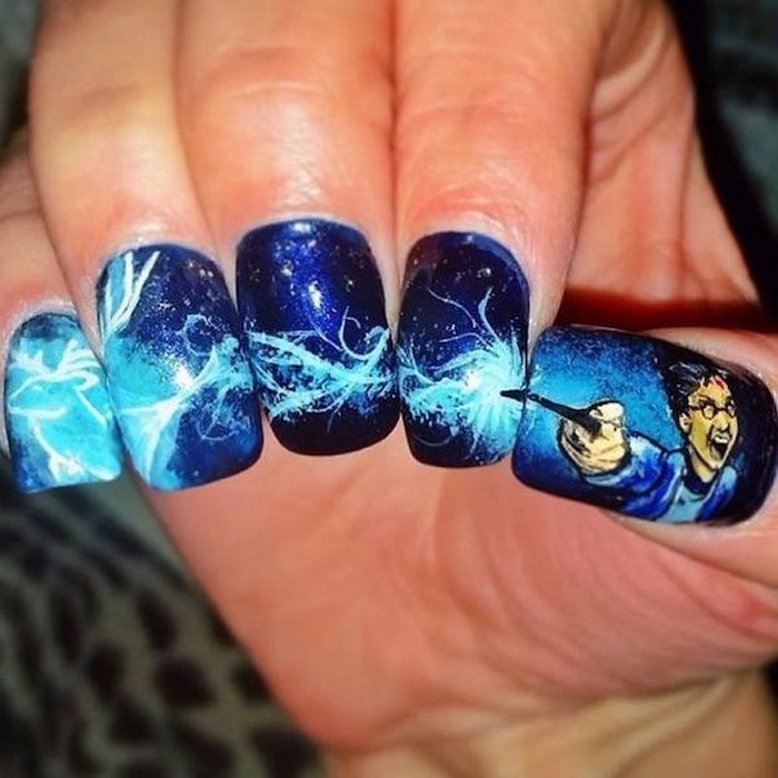 harry potter inspired manicure, nail color ideas, short squoval nails, harry and his wand drawing