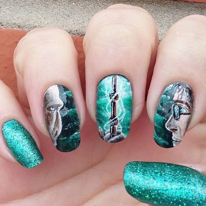 green nail polish, harry potter inspired manicure, nail color ideas, drawings of harry and voldemort, and the elder wand