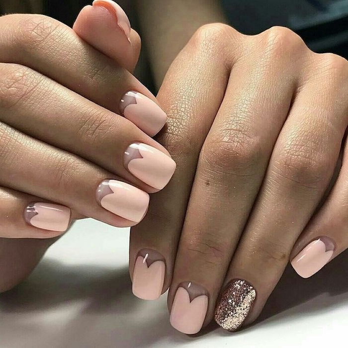 heart shaped nude nail polish, nail designs for short nails, rose gold glitter nail polish on one nail