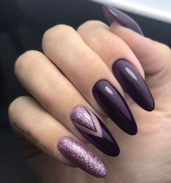 dark purple nail polish, pink glitter nail polish, geometrical shapes drawn on one of the nails, cool nail designs