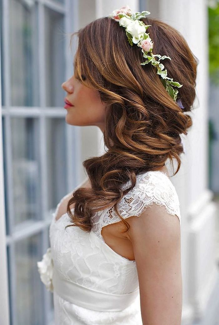 white dress, easy hairstyles to do yourself, long brown hair in a side ponytail, flower headband