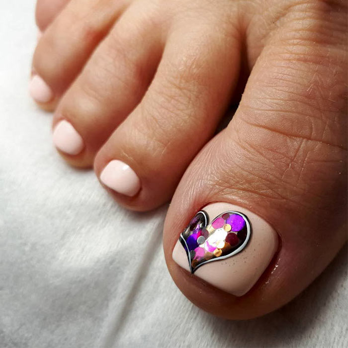 nude nail polish pedicure, nail ideas, colourfully drawn heart, on the toe