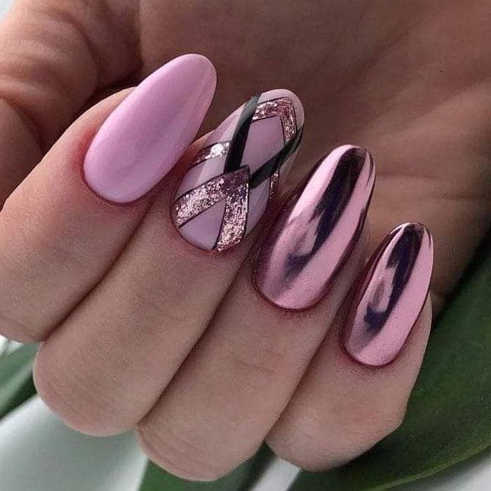 pink nail polish, pink metallic nail polish, nail art ideas, geometric shapes drawn on one of the nails