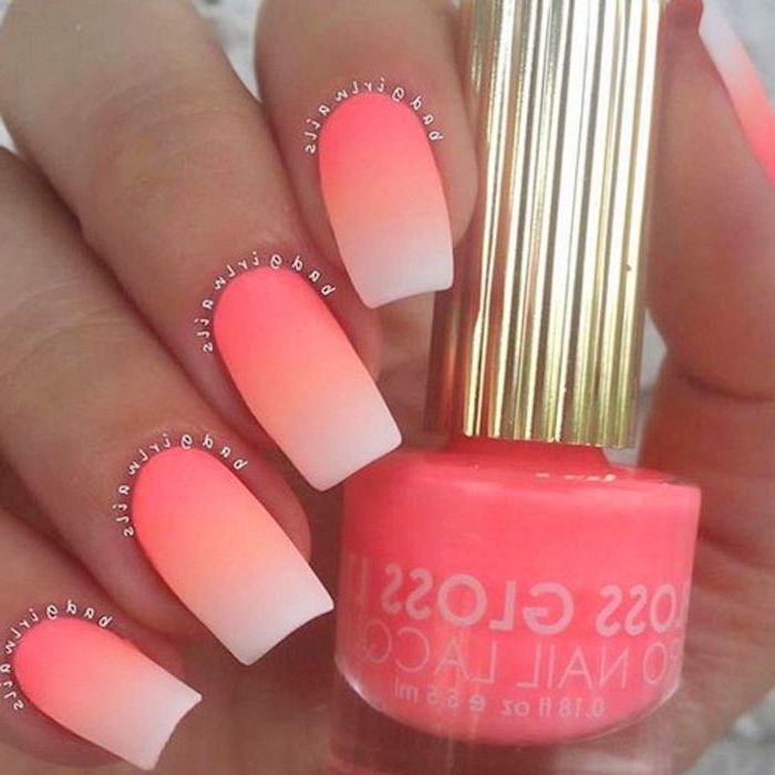 orange and white ombre, neon nail polish, nude matte nails, long square shaped nails, hand holding a nail polish bottle