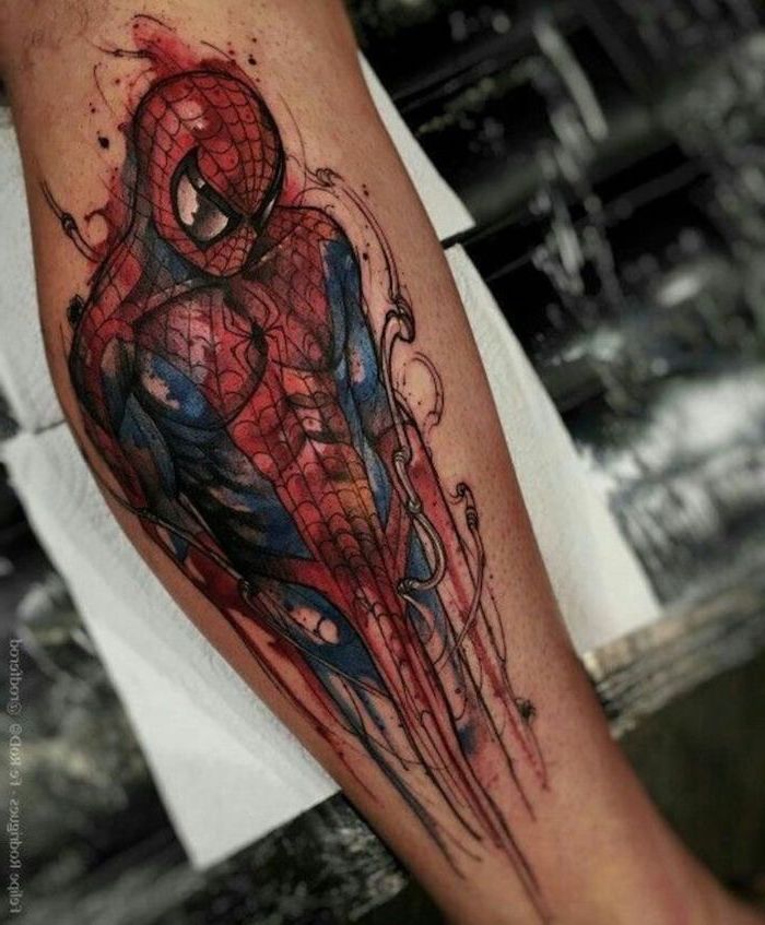 blue and red spiderman, watercolour leg tattoo, arm tattoos for men, leg on white paper sheets