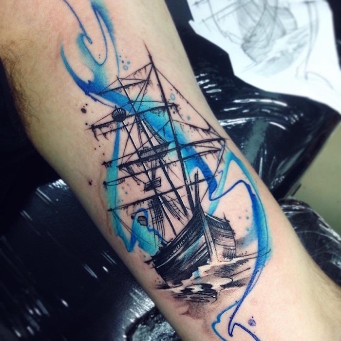 sailing ship, watercolour inner arm tattoo, inner arm tattoos, hand resting on a table, covered in nylon
