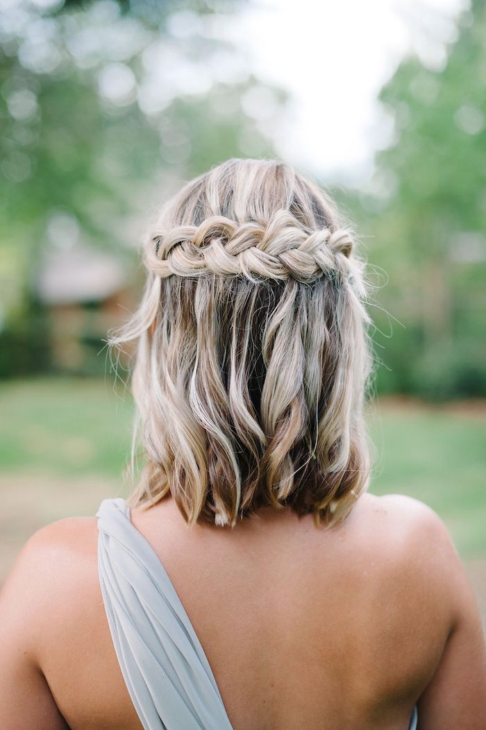short brown hair, with blonde highlights, and a braid, grey shoulder strap, wedding hairstyles down