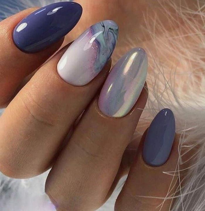 blue nail polish, white metallic nail polish, trending nail colors, marble white and blue nail