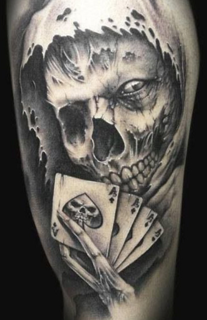 death skeleton, holding playing cards tattoo, tribal tattoos for men, black background
