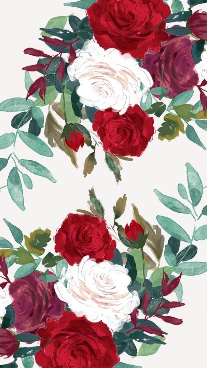 drawing of white red and purple roses, floral phone wallpaper, spring flowers wallpaper, white background