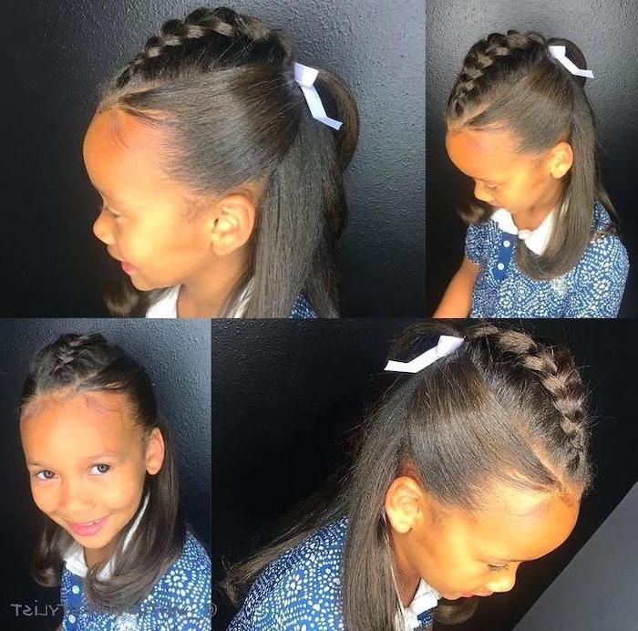 straightened black hair, braid ending in a ponytail, black background, flower girl hairstyles