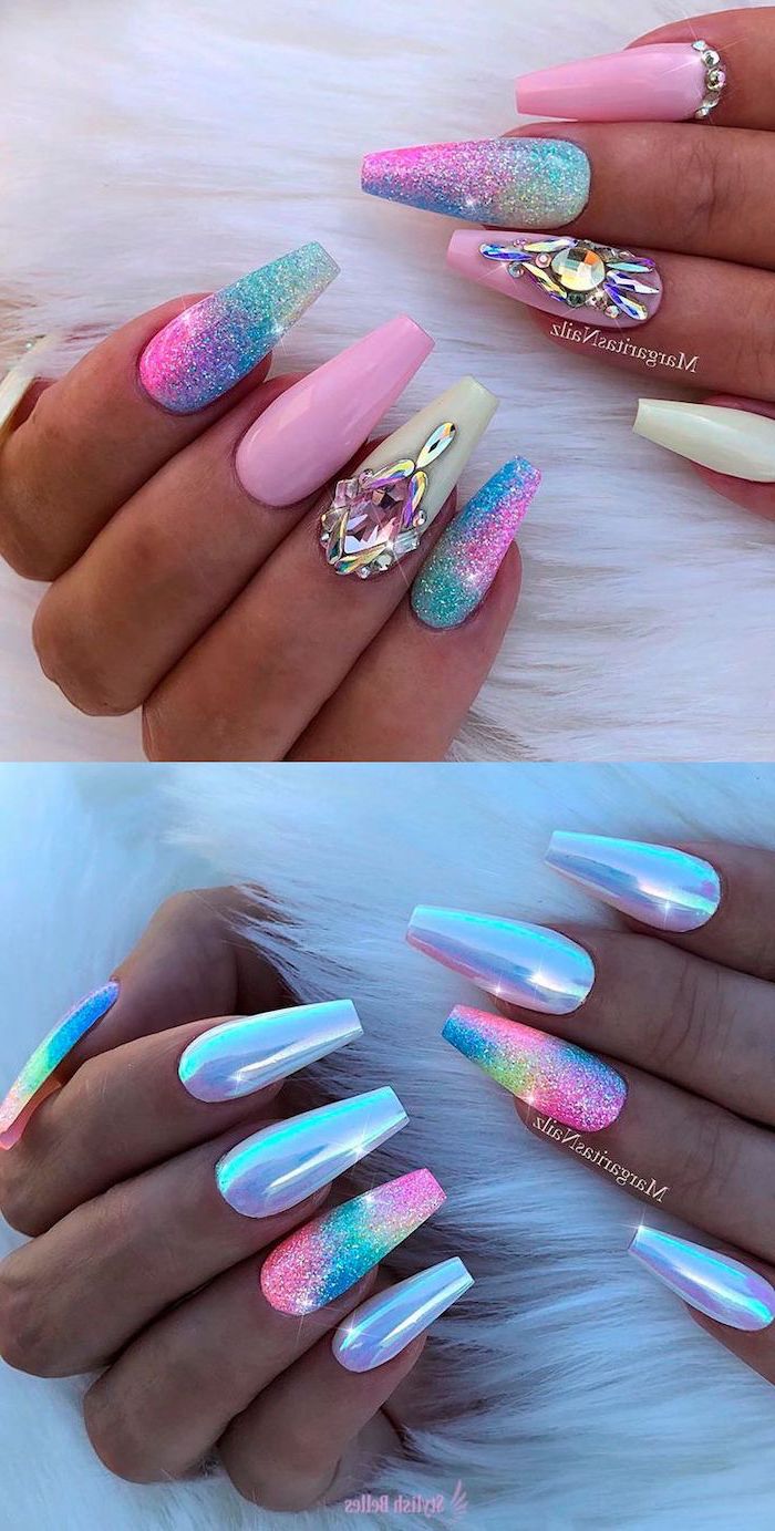 unicorn manicure, cute nail designs, colourful nail polishes, chrome nail polish, two different types of manicure