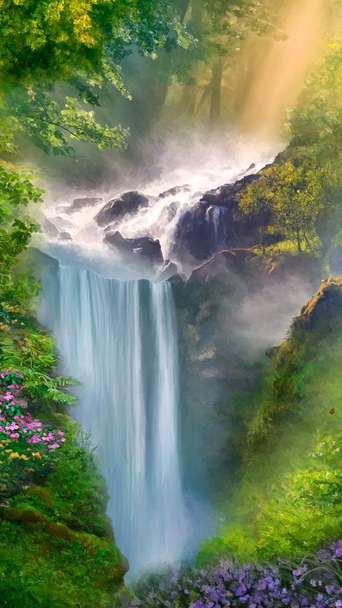 painting of a waterfall, surrounded by greenery, spring pictures, phone wallpaper, lots of flowers and trees