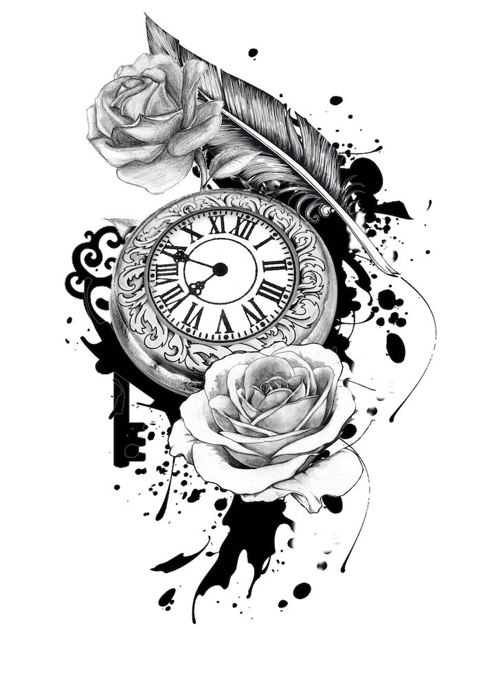 black and white sketch, pocket watch, roses around it, roman numerals, white background