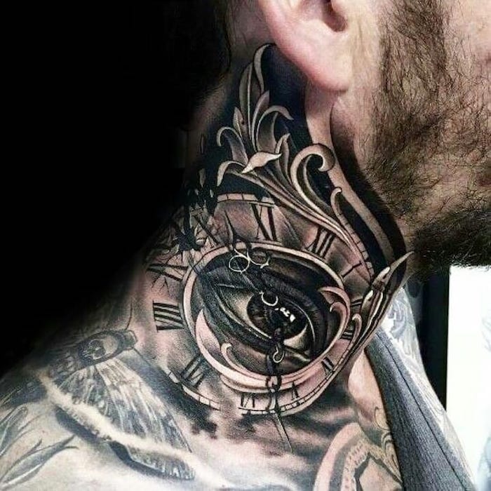 neck tattoo, eye and a clock, roman numeral tattoos meaning, black background