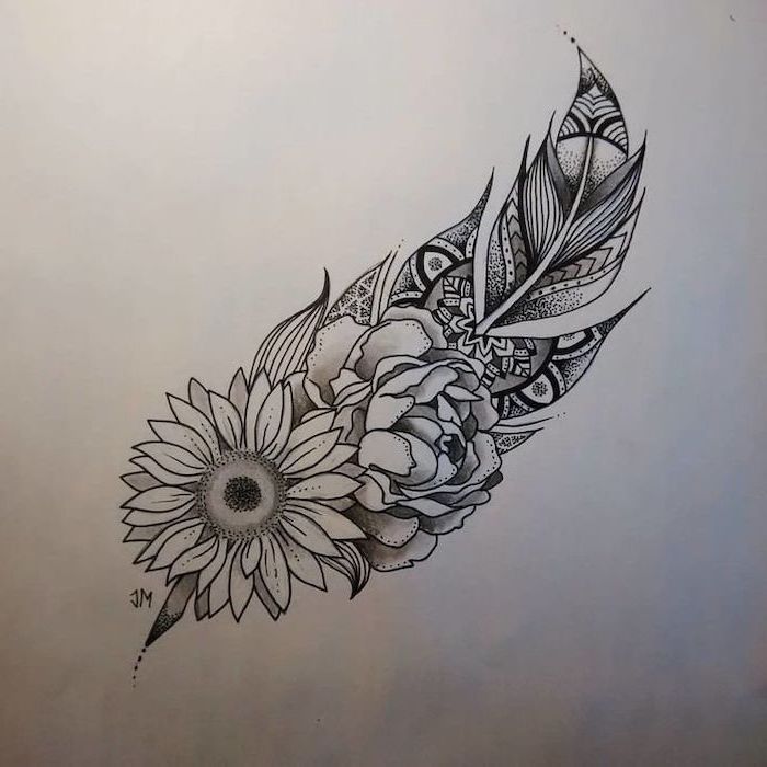 feather and sunflower, rose drawing, black and white sketch, white background, lotus mandala tattoo