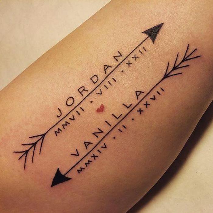 two arrows, with names, date in roman numerals, forearm tattoo