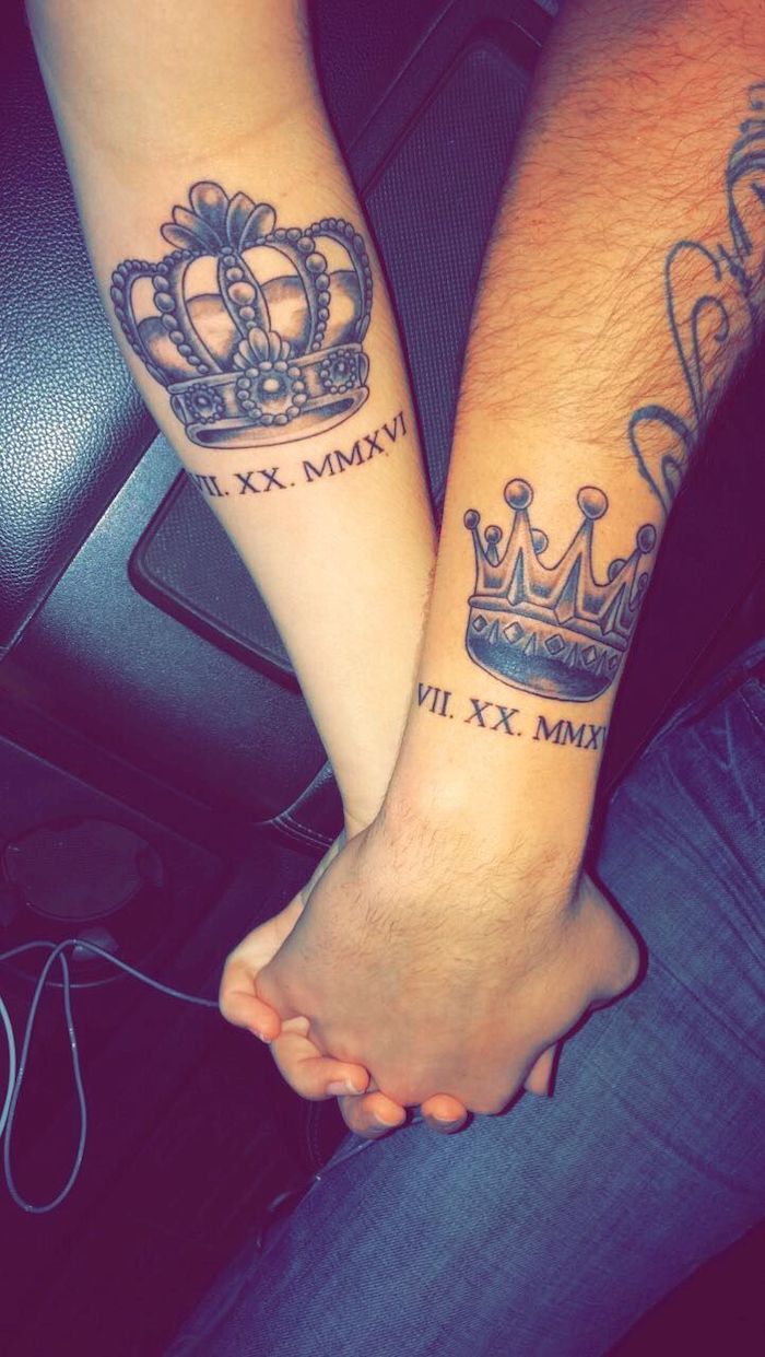 king and queen, couples matching tattoos, holding hands, date in roman numerals