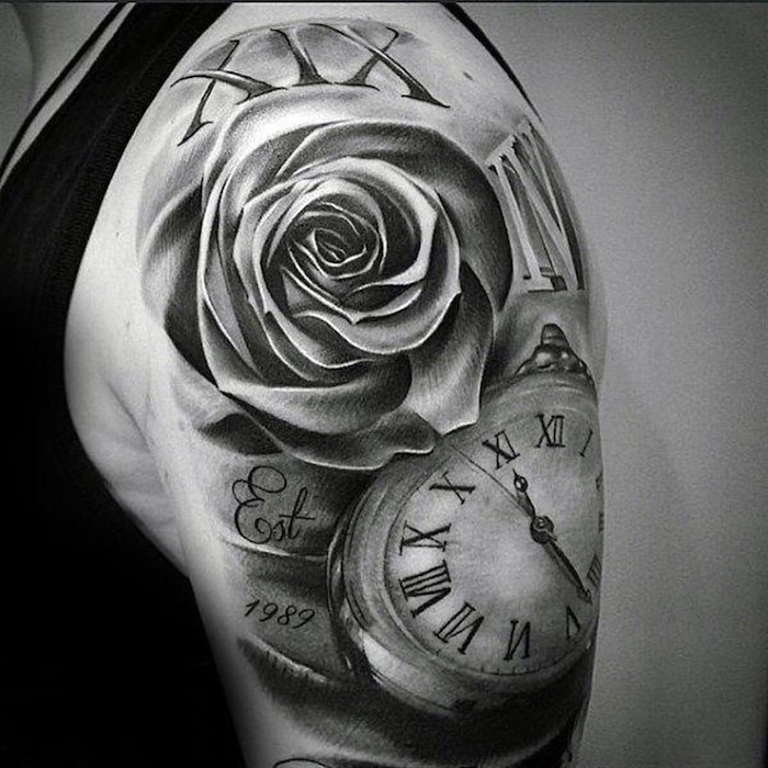 roses and a pocket watch, shoulder tattoo, roman numeral date tattoo, black top, white background