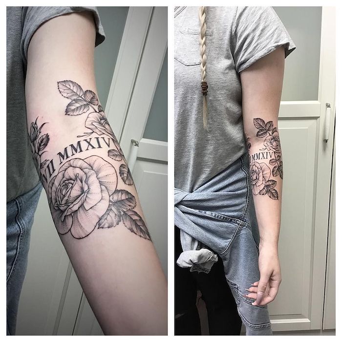 back of arm, forearm roses tattoo, roman numeral tattoos on arm, grey blouse, blonde braid