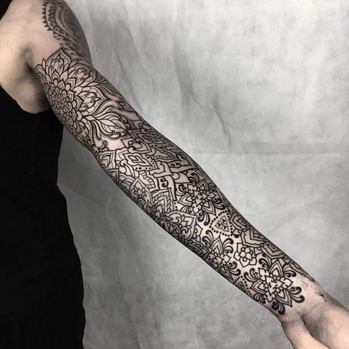 mandala thigh tattoo, black top, white background, sleeve tattoo