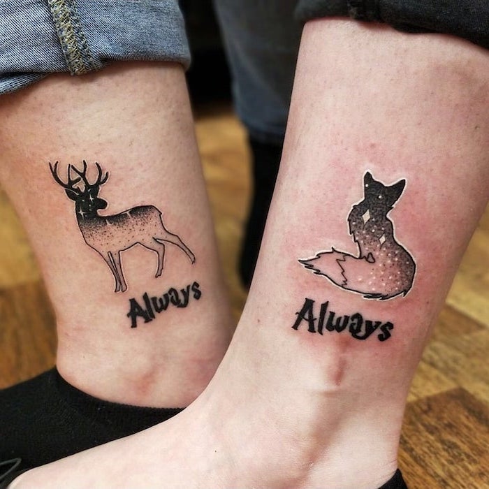 matching couple tattoos, inspired by harry potter, ankle tattoos, wooden floor