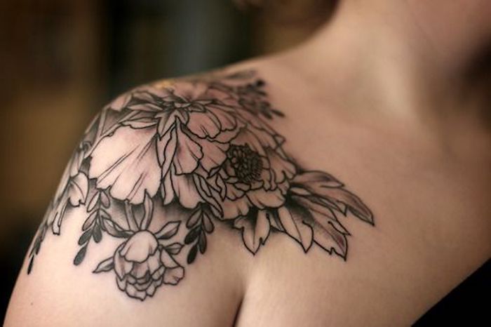flowers shoulder tattoo, arm tattoos for girls, black top