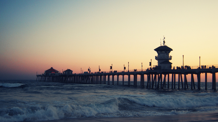 sunset sky, wooden pier, ocean waves, beach tumblr