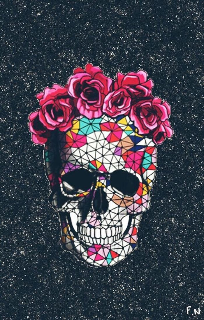 colourful mosaic skull, pink roses, cute tumblr backgrounds, black and white background