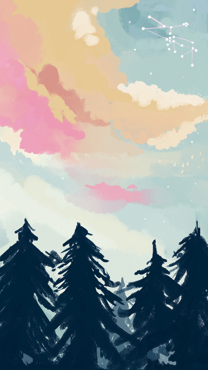pastel drawing, black trees, cute tumblr background, sky in blue orange and pink