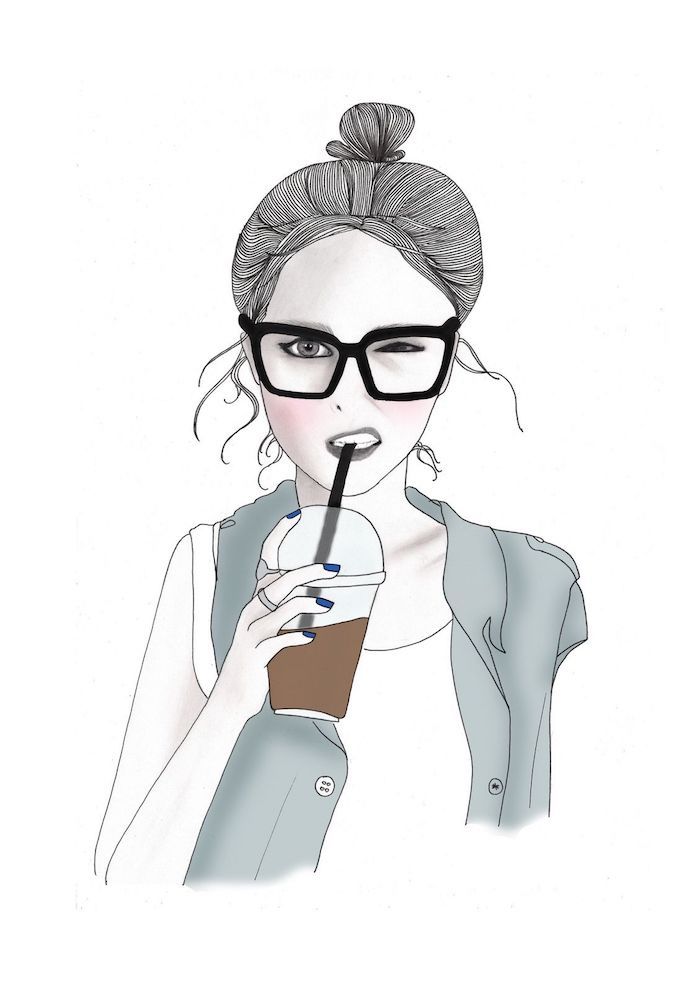 girl drawing, black and white tumblr, black sunglasses, coffee cup, grey jacket, white background