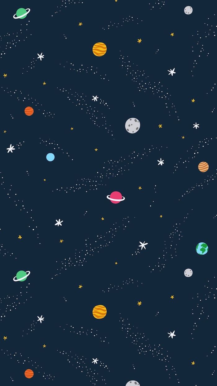 dark blue background, colourful planets drawing, black on white tumblr