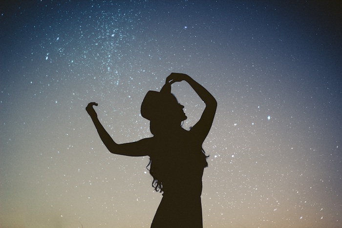 female silhouette, flower background tumblr, starry sky