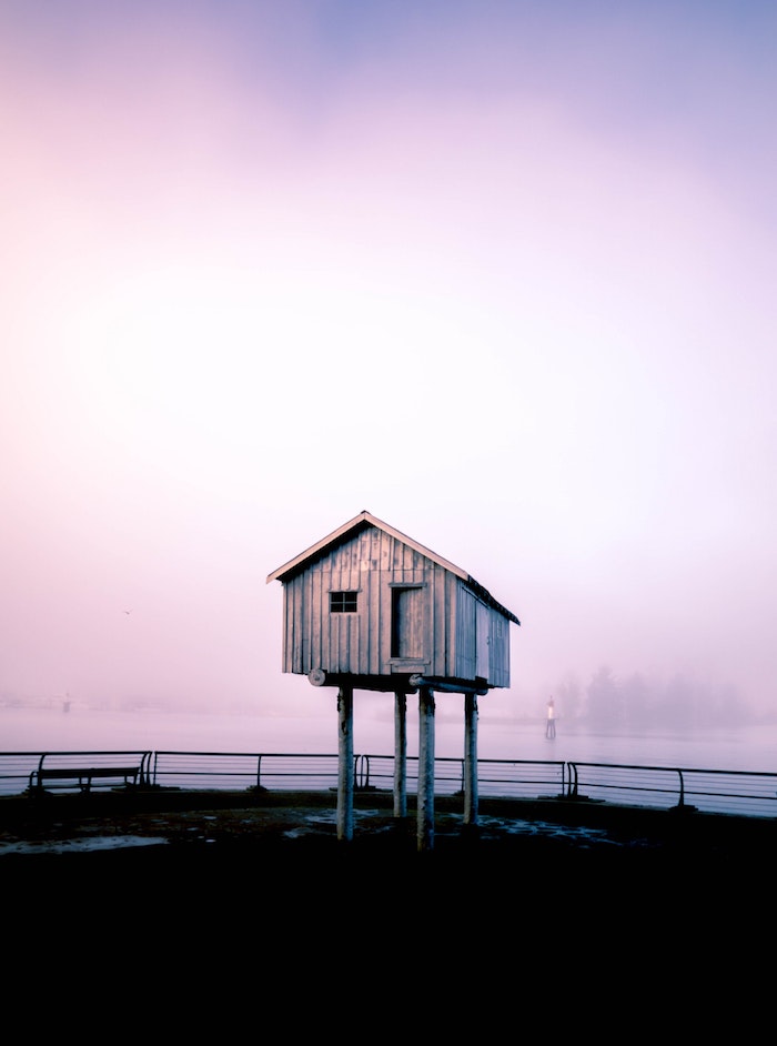 tree house, on a pier, tumblr screensavers, surrounded by fog, over a lake