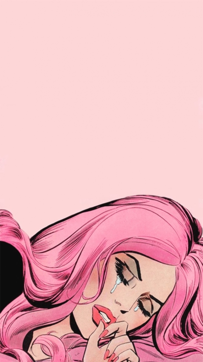 girl crying, pink hair, pink background, tumblr backgrounds black and white