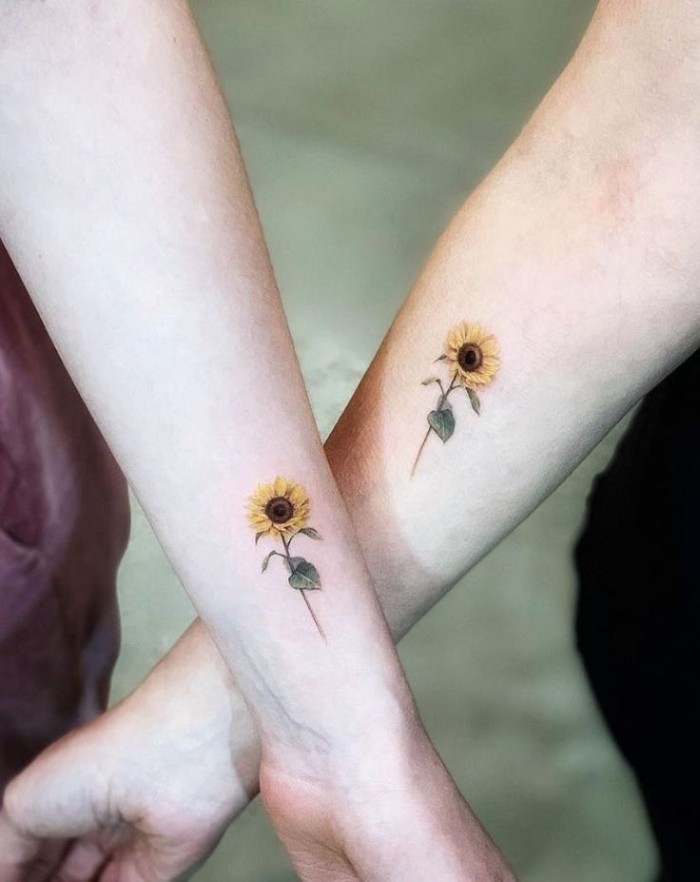 best friend tattoos, yellow sunflowers, side arm tattoo, forearm tattoo