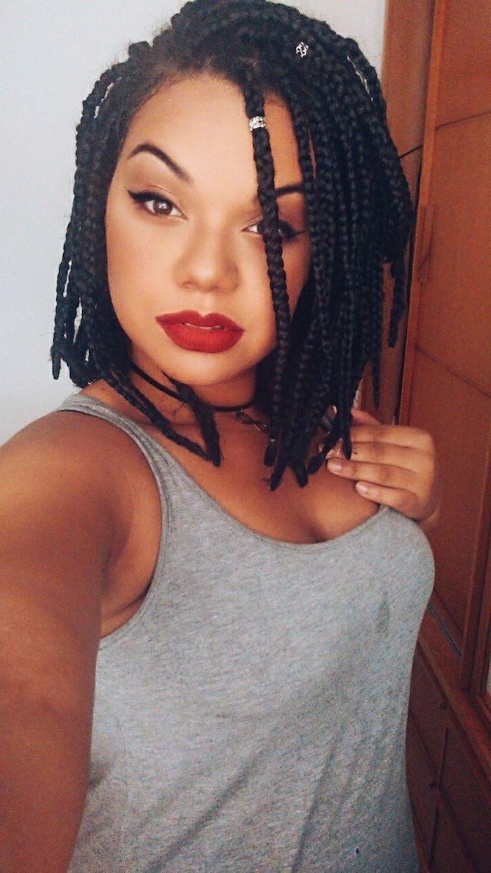 braided hair, with beads, short natural hairstyles for black women, grey top, red lipstick