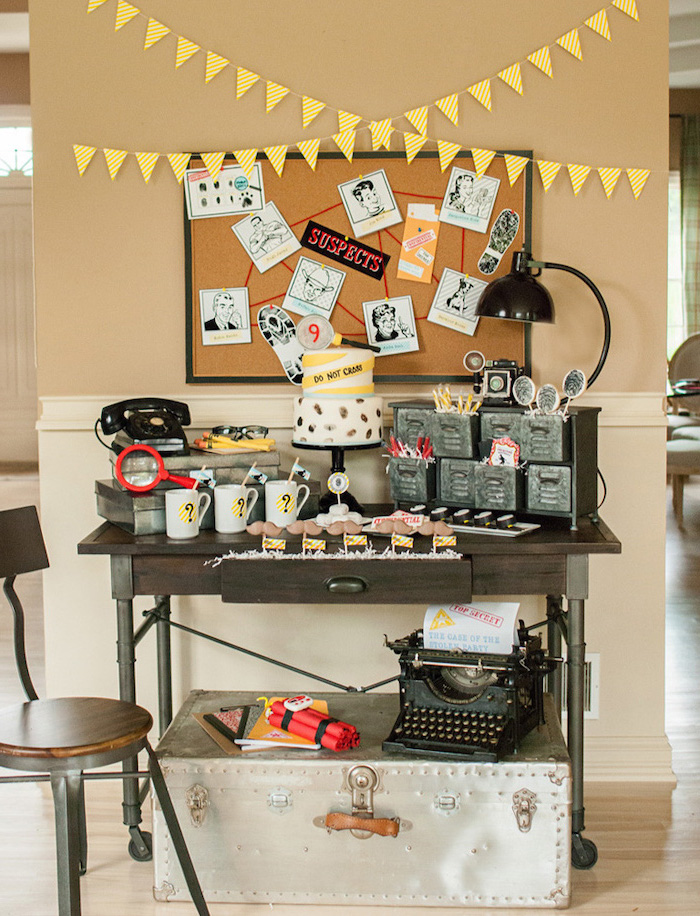 party theme ideas, murder mystery, crime solving theme, do not cross cake, suspects board