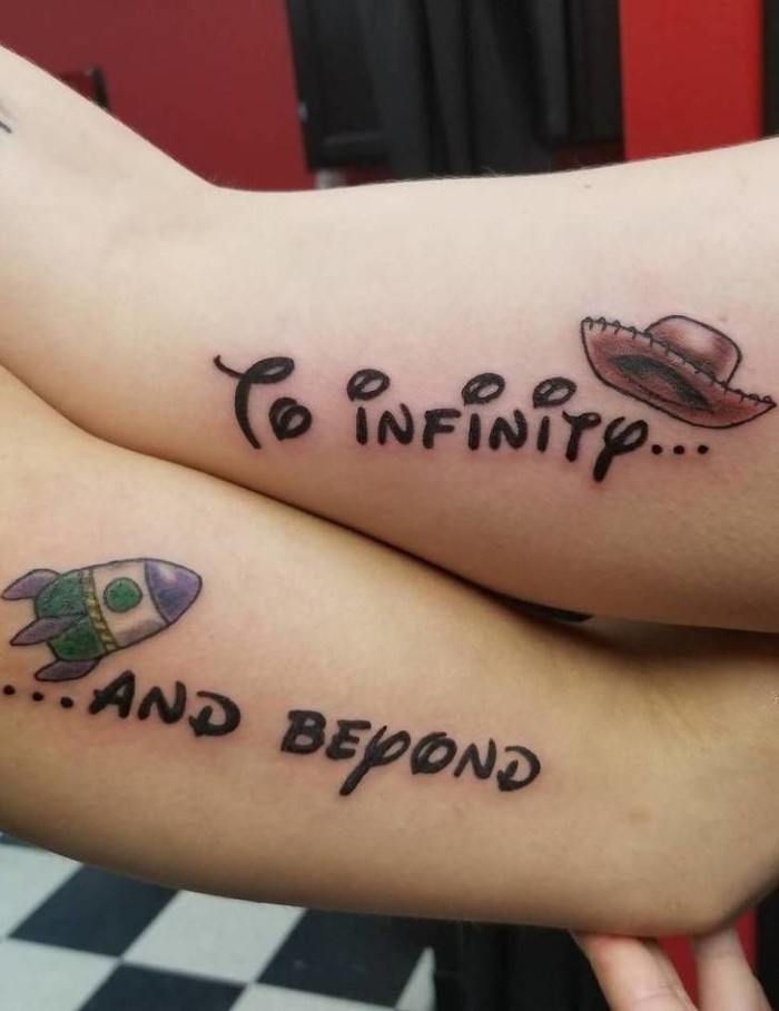 to infinity and beyond, toy story inspired, best friends tattoos, inside arm tattoos