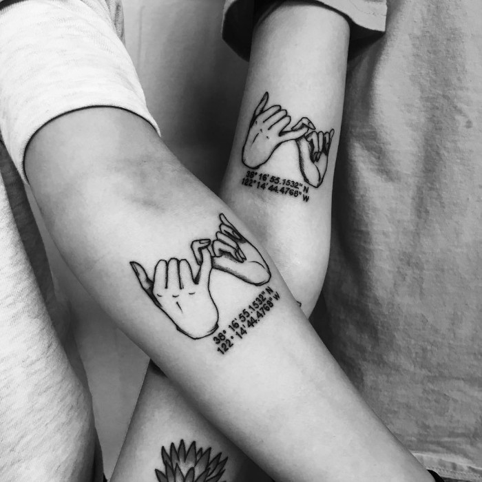 small bestfriend tattoos, pinky swear, geographical coordinates, inside arm tattoos, black and white photos