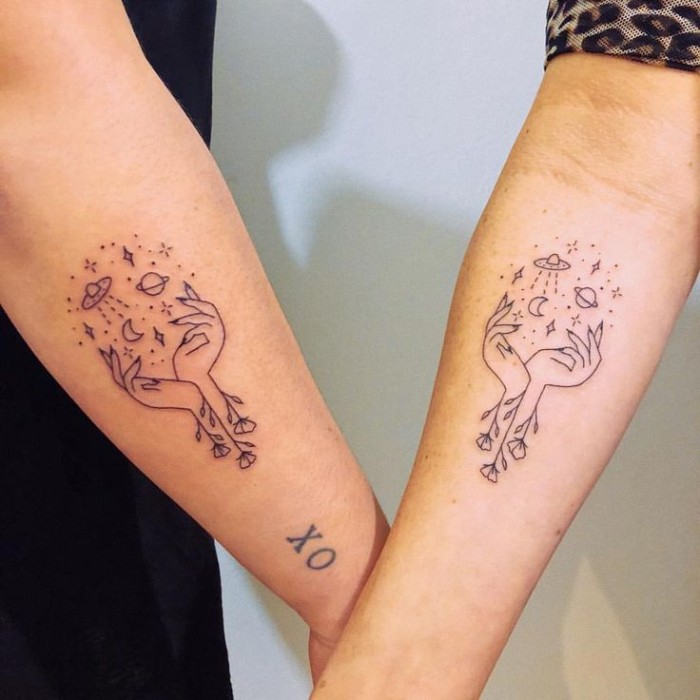 hands with flowers, planets and stars, forearm tattoos, small bestfriend tattoos, white background