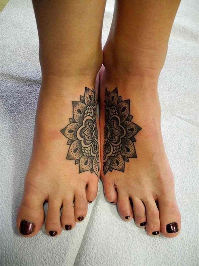 mandala flower, split in half, best friend tattoo ideas, leg tattoos, dark red nail polish, white background