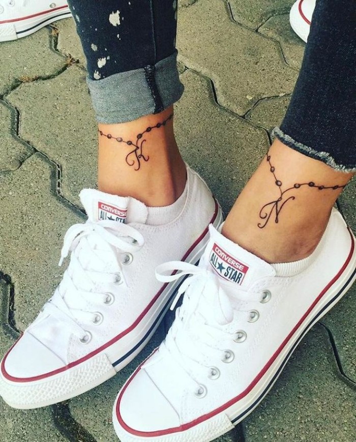 white converse sneakers, friendship tattoo ideas, letter initials, ankle bracelet tattoo, paved floor