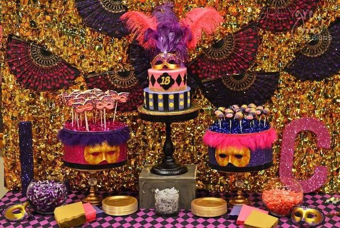 what should i do for my birthday, masquerade ball, gold red and purple theme, large cake, cake pops