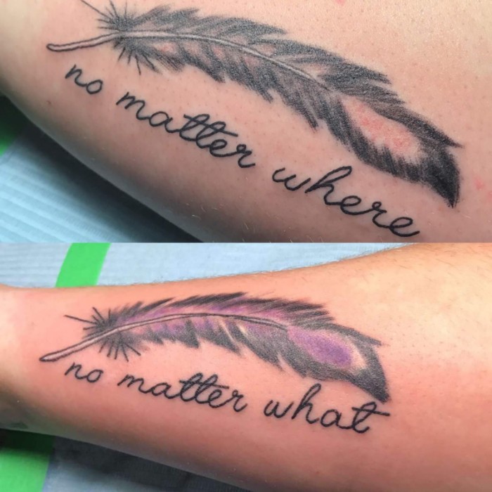 small matching tattoos, no matter where, no matter what, two feathers, forearm tattoos