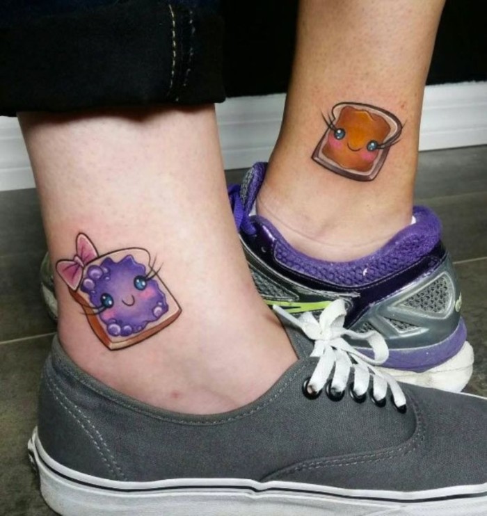 peanut butter and jelly, coloured ankle tattoos, friendship tattoos, grey and purple sneakers
