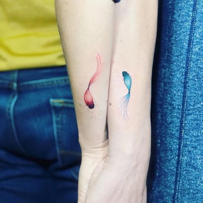 best friends tattoos quotes, red and blue, watercolour fish, side arm tattoos, yellow top