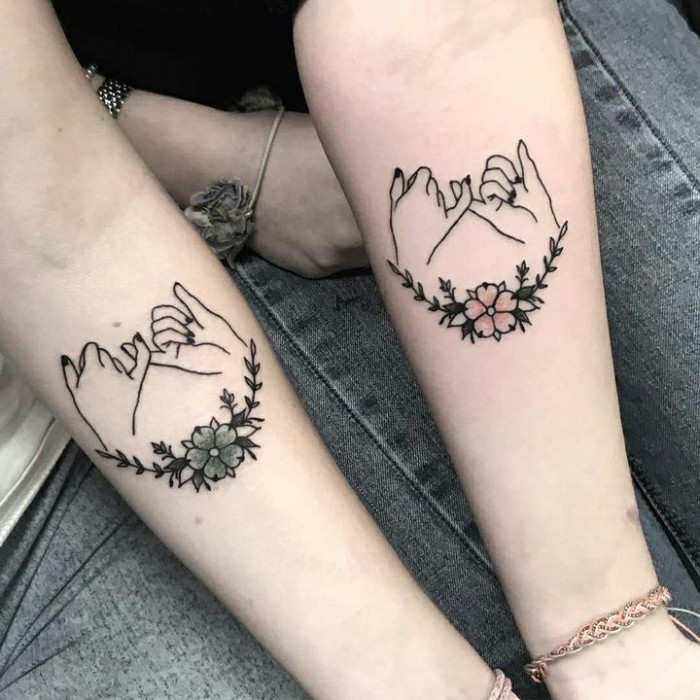 pinky swear, best friend tattoos quotes, flower wreaths underneath, forearm tattoos